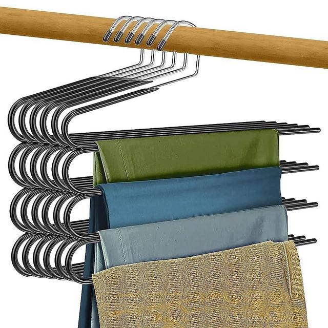 Multi Pants Hangers Space Saving- 4 Tier Space Saving Hangers- Metal Hangers for Pants and Skirt Hangers- Non Slip Hangers for Pants Organizer, Jean Hangers, Shorts Hangers (6)