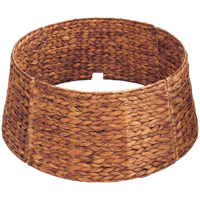 MIXUMON Handmade Water Hyacinth Christmas Tree Collar 24" – Rustic Basketweave Tree Base Cover, Eco-Friendly Skirt Alternative with Cord Cut-Out (Brown)
