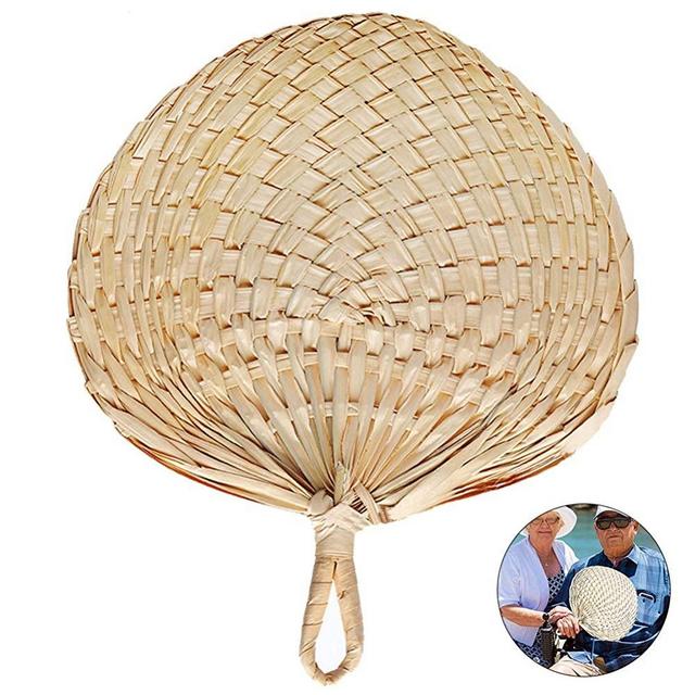 RoJuicy Chinese Style Handmade Fan Natural Hand Weaving Palm Leaf Fan Blades Portable Cooling Fan for Camping Hiking Home Decoration