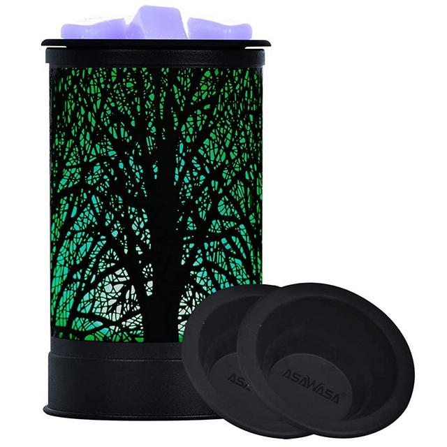 ASAWASA 7 Colors Changed Light Wax Warmer with 2 Silicone Dishes,Metal Scented Wax Melter, Use Wax Cubes Melts Fragrance Essential Oil, for Home Office Gifts Décor Aromatherapy 3.6”x3.6”x6.3”(Tree)