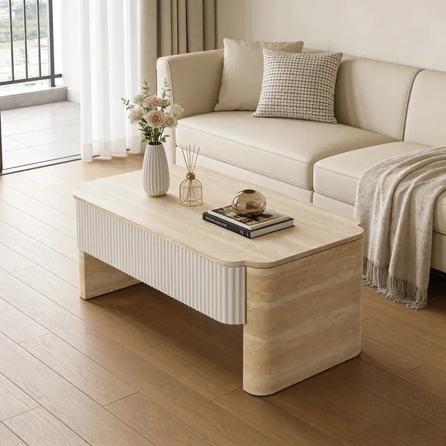 GDFStudio Swann Modern Wood Lift-Top Coffee Table with Fluted Panels and Storage Drawers, Beige