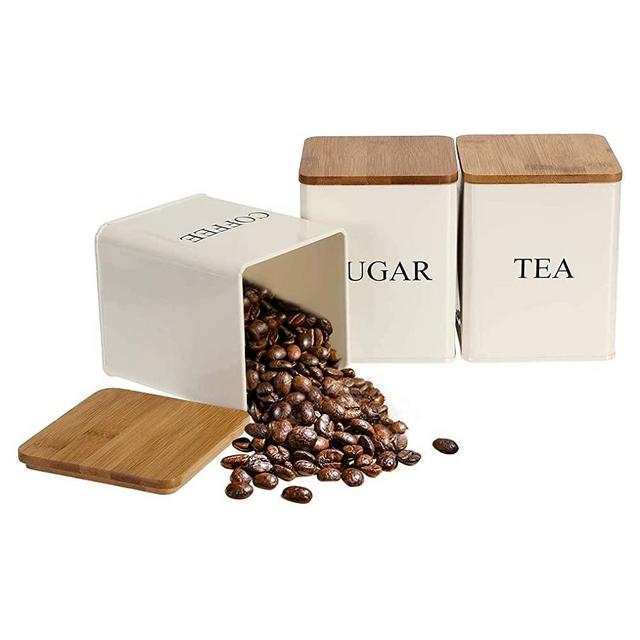 Fasmov 3 Pcs Kitchen Canister Set, Coffee, Sugar, and Tea Storage Container Jars with Bamboo Lids for storing Sugar, Coffee and Tea, Beige