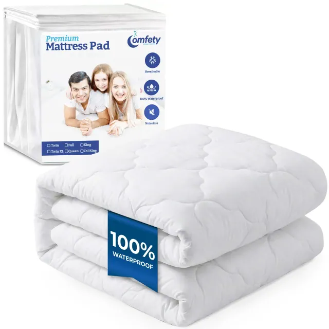 Waterproof Mattress Pad, Soft Hypoallergenic Bamboo Viscose Fitted Mattress Cover, Breathable Cooling Cover with Deep Pocket, Machine Washable