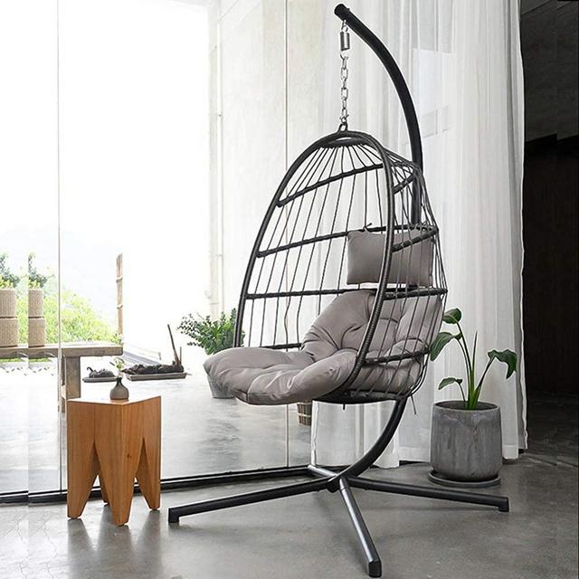 Indoor Outdoor Patio Wicker Hanging Chair Swing Hammock Egg Chairs UV Resistant Cushions with Aluminum Frame 350lbs Capaticy for Patio Bedroom Balcony (Grey)