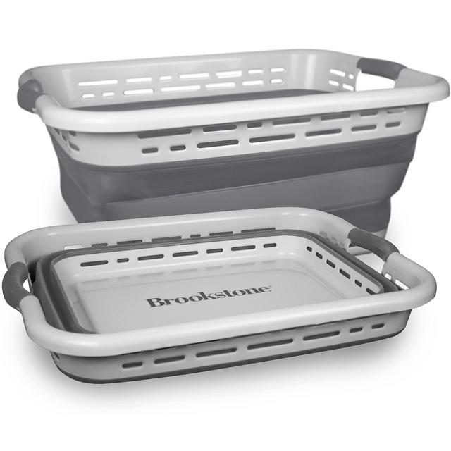 BROOKSTONE, 24" Collapsible Laundry Basket, Comfort Grip Handles, Smart Space Saving Structure, Portable Pop Up Storage Box, only 3 Inches High When Folded, Gray, 1 unit