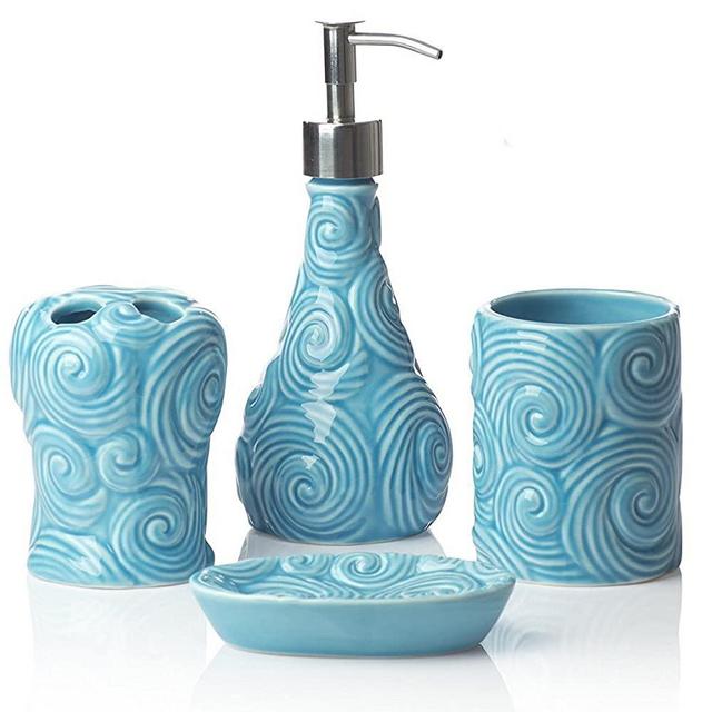 Designer - 4 Piece Bathroom Accessories Set - with Soap or Lotion Dispenser, Toothbrush Holder, Tumbler and Soap Dish - Glossy Finish - Porcelain (Ocean Waves, Aqua Blue) Holds 15.6oz