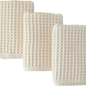 PÜSKÜL Organic Waffle Kitchen Towel Pure 100% Turkish Cotton Set of 3 Natural Raw-Undyed Towel - Premium Quality Soft Quick-Dry Absorbent Lint-Free Hand & Dish Towels Large 32X16 (3, Natural Beige)