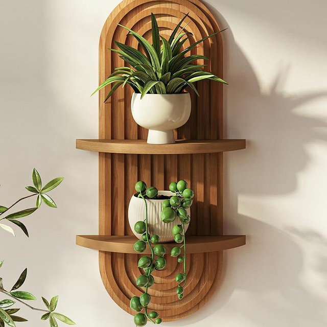 Bamworld Boho Wall Decor Brown Plant Wall Shelf, Mid Century Modern Decor Hanging Plant Shelf, 2-Tier Wooden Floating Shelves for Home, Bathroom Bedroom Living Room, Office Holding Planter Decoration