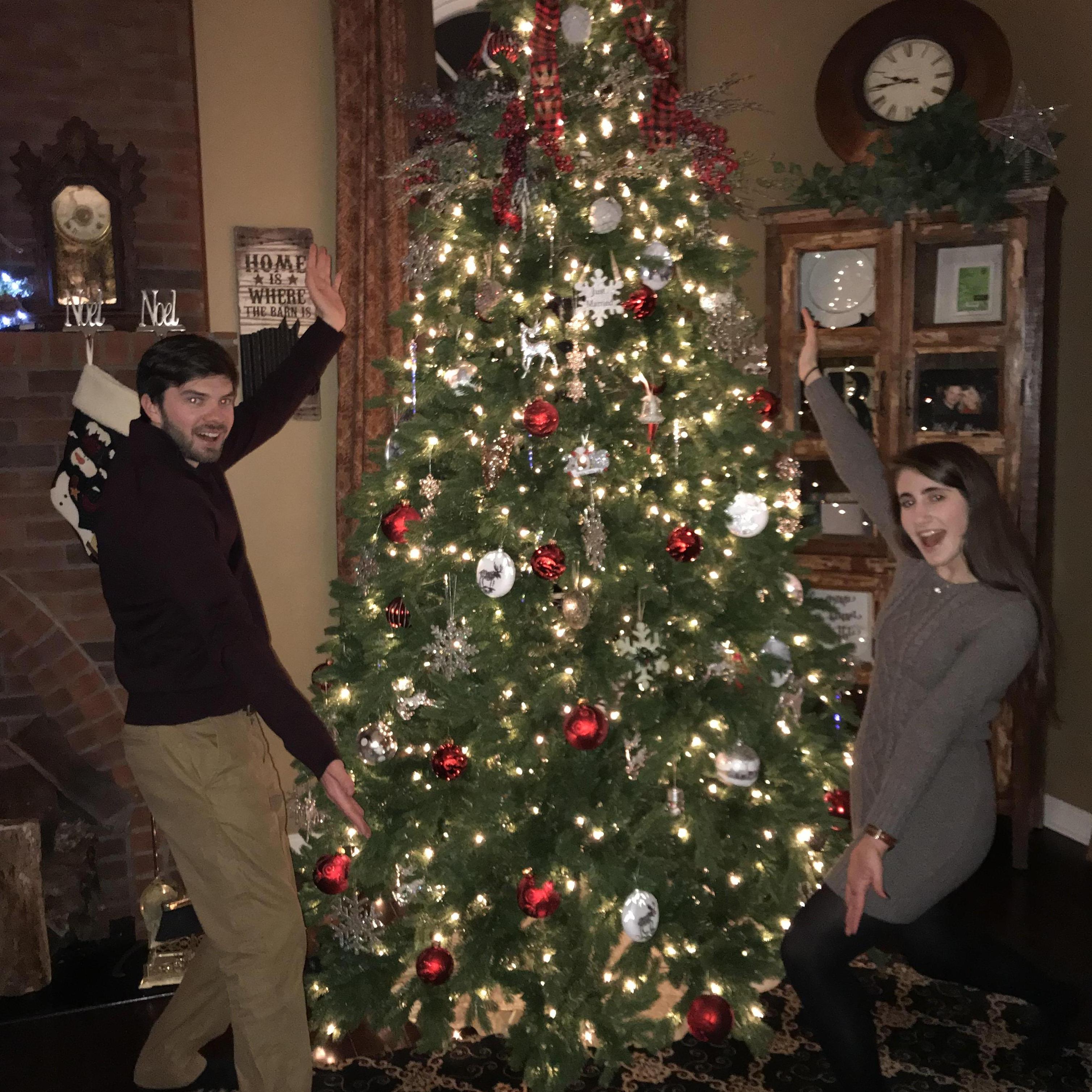 admiring our handiwork on Dave and Cyndie's christmas tree, 2017
