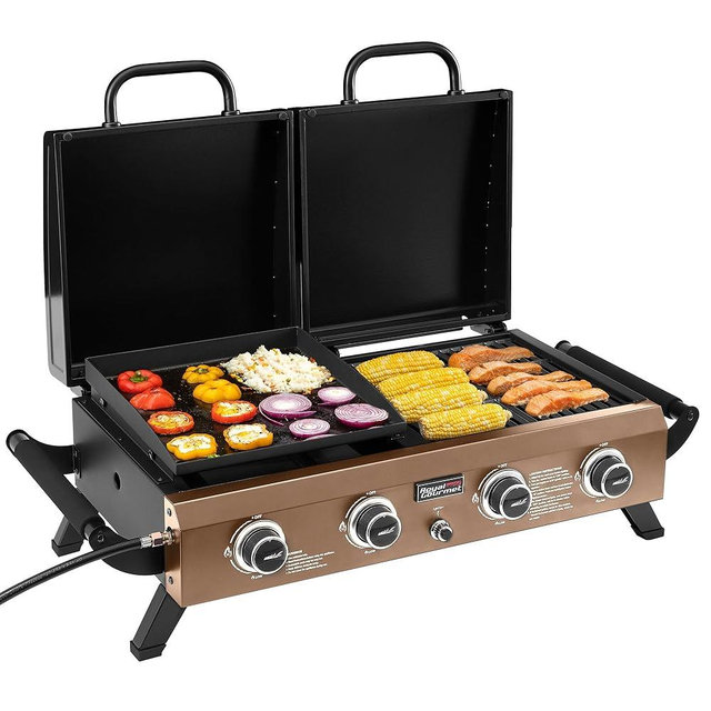 Grills House GD4002TPY Portable Tabletop Grill & Griddle Combo with Hood, 4-Burner Portable Propane Gas Grill Griddle Combo for Backyard, Camping, Picnicking and Tailgating, 40,000 BTU, Bronze Gold