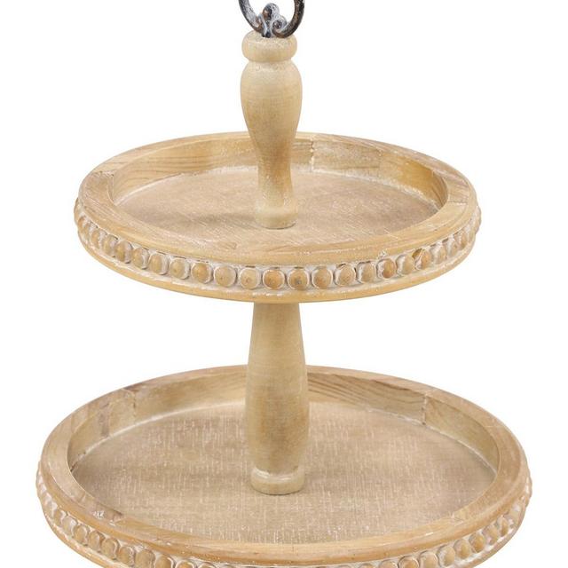 Willow RowTall Natural Beige Wood 2-Tier Round Serving Tray Stand