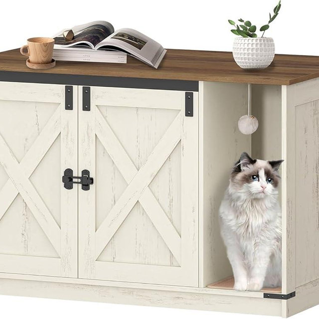 Hzuaneri Cat Litter Box Enclosure, Hidden Litter Box Cabinet Furniture with Bell, Indoor Cats House, Farmhouse Style, 39.4 x 21.7X 24.8 Inches for Hallway, Bedroom, Rustic Brown and White CB85214X