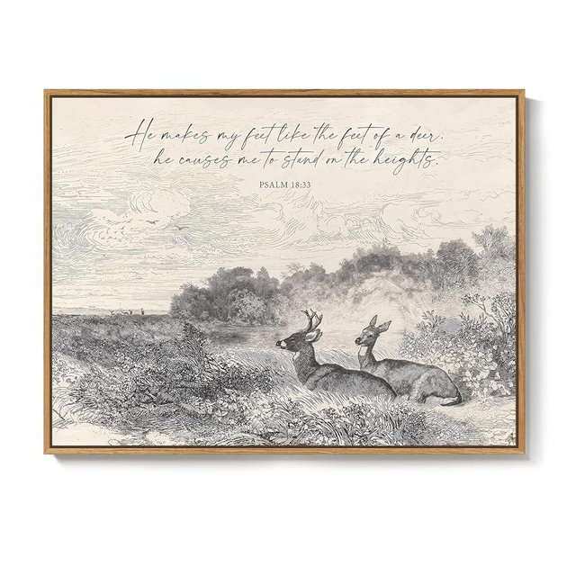 Framed Vintage Christian Canvas Wall Art, Neutral Landscape Scripture Print with Deer Artwork, Farmhouse Inspirational Decor for Living Room Bedroom Prayer Room, 12x16 Inch