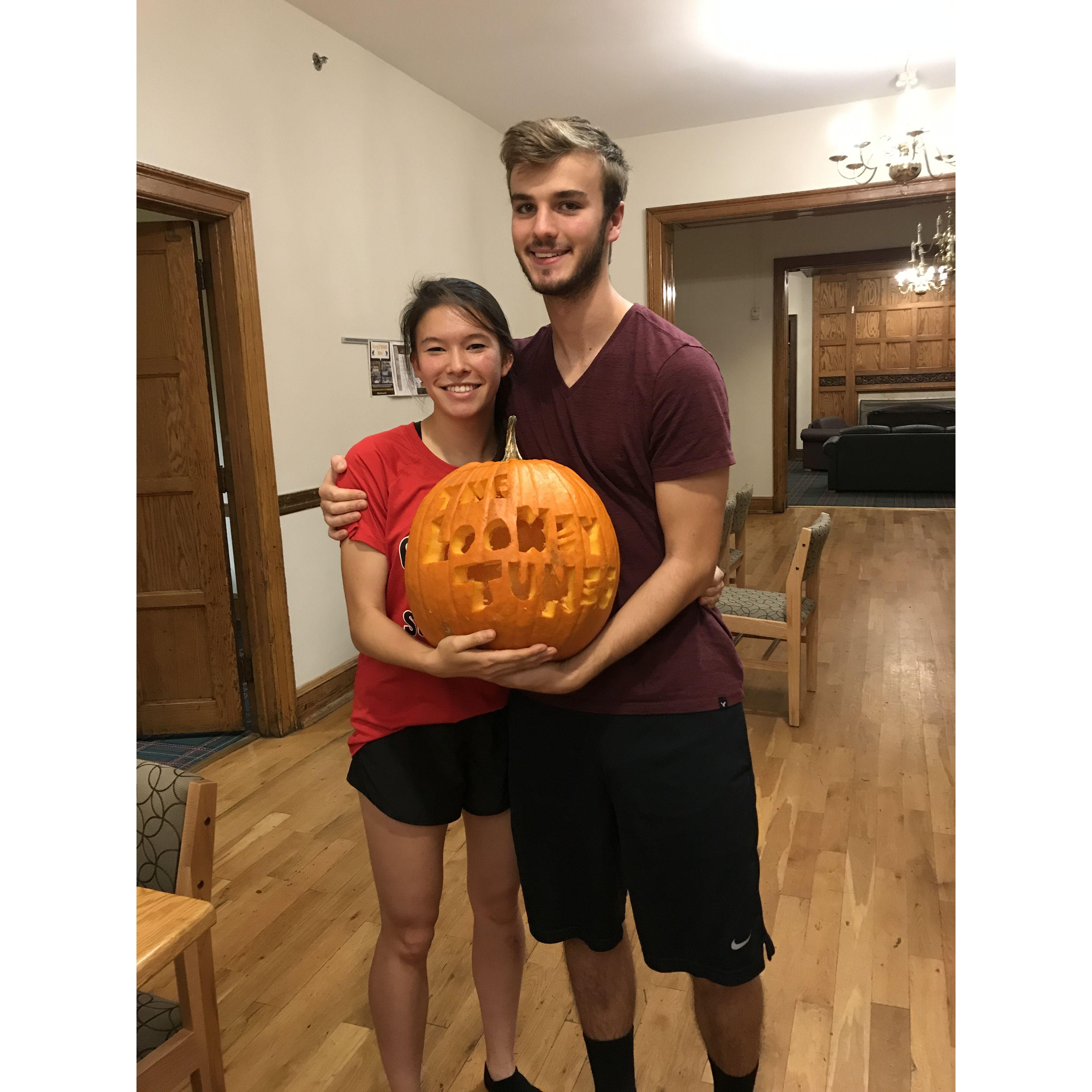We love carving pumpkins! We carved "The Looney Tunes" into a pumpkin since Nicole's frisbee name is "Tweety" and Jeremy's frisbee name is "Bugs!"