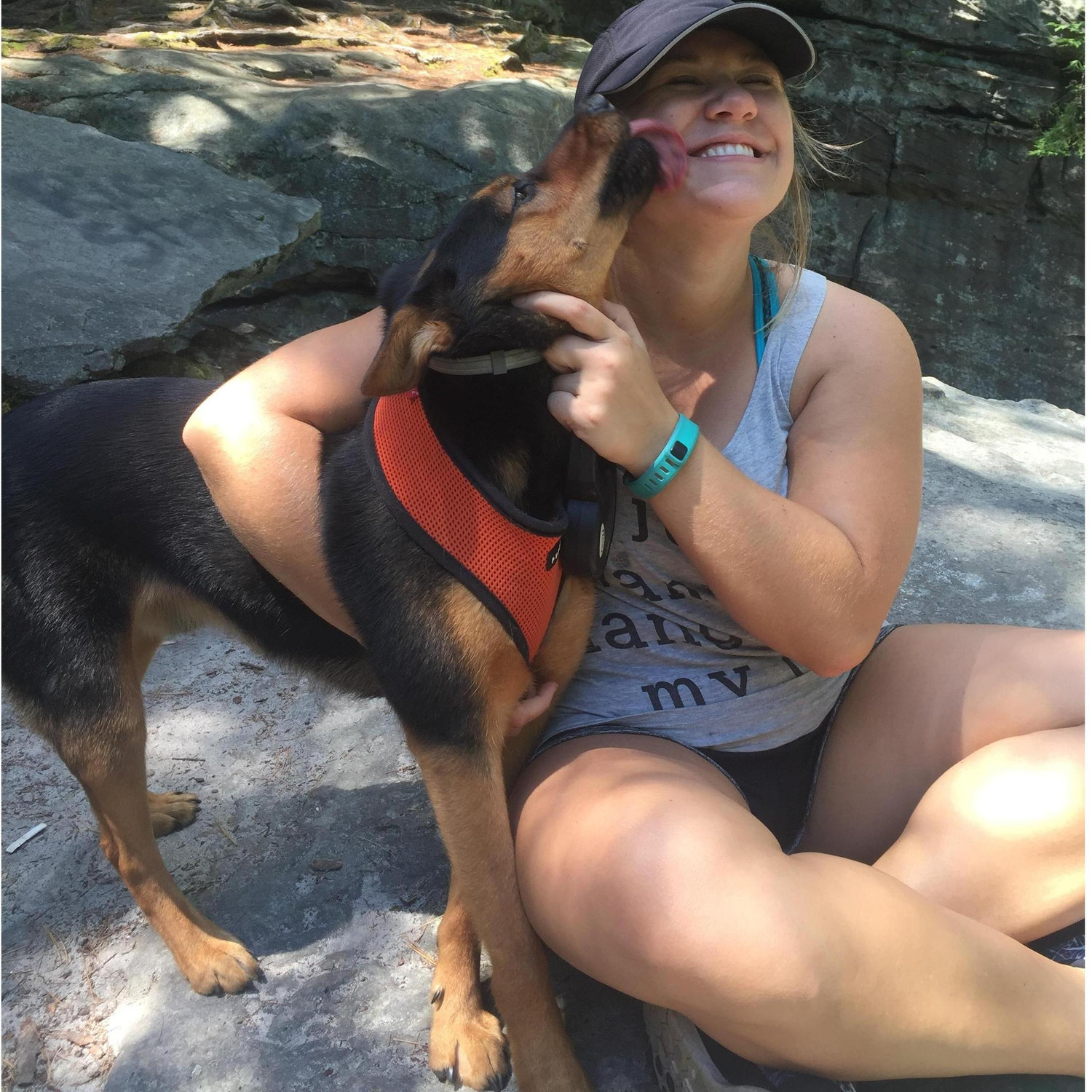 Emily and Brutus on a hike at Bilger's Rocks PA