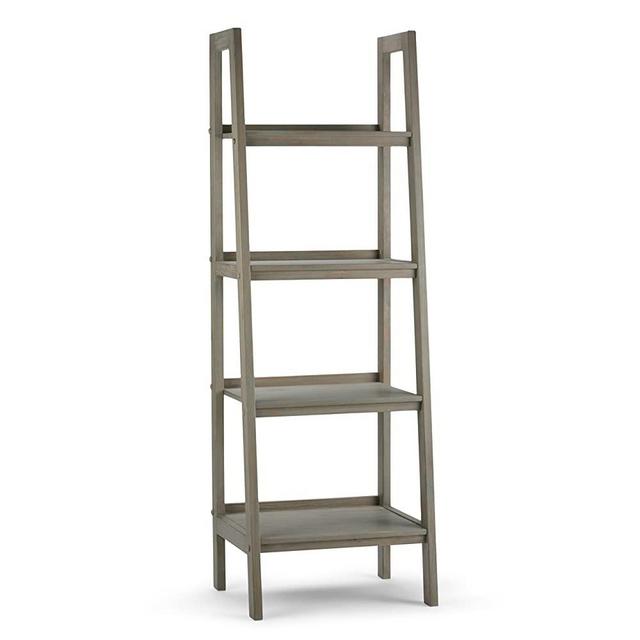 SIMPLIHOME Sawhorse SOLID WOOD 72 inch x 24 inch Modern Industrial Ladder Shelf in Distressed Grey with 4 Shelves, for the Living Room, Study and Office
