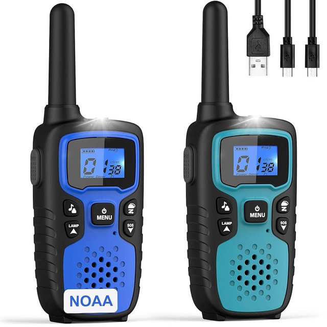 Wishouse Walkie Talkies for Kids Adults - Long Range Rechargeable 2 Way Radios,Gift,Hiking Accessories Camping Gear with Lamp,SOS Siren,NOAA Weather Alert,VOX,Easy to Use Blue Green 2 Pack