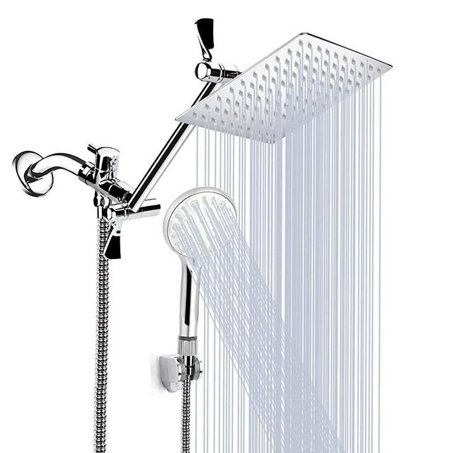 Shower Head, 8'' High Pressure Rainfall Shower Head/Handheld Shower Combo with 11'' Extension Arm, 9 Settings Adjustable Anti-leak Shower Head with Holder, Height/Angle Adjustable, 1.5M Hose, Chrome