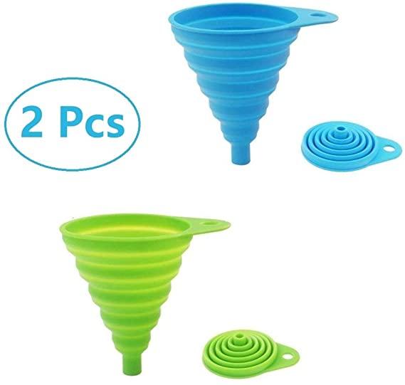 2 Pack Silicone Collapsible Funnel, Flexible/Foldable/Kitchen Funnel for Water Bottle Liquid Transfer Narrow and Wide Mouth Funnels Hopper (Green and Blue）