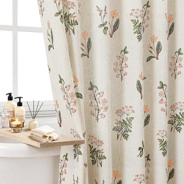 Colorful Star Farmhouse Floral Linen Shower Curtain, Vintage Boho Shower Curtain for Bathroom, French Country Pattern Waterproof Bathroom Curtains, 72" W x 72" L