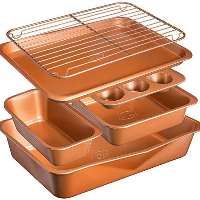 GOTHAM STEEL 6 Piece Non-Stick Bakeware Set Includes Baking, Cookie Sheet, Loaf Pan, Muffin Tin and More with Premier Ti-Cerama Copper Coating 100% PFOA Free, Graphite