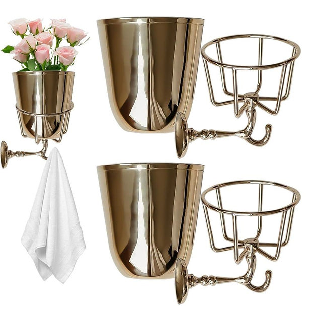 Handcrafted Opal Wall Vessel, Wall Mounted Brass Container Vase with Hook, Wall Vases for Flowers, for Home Artificial Plants, Outdoor, Mail Organize, Spring Summer Decoration Gold (Gold*2)