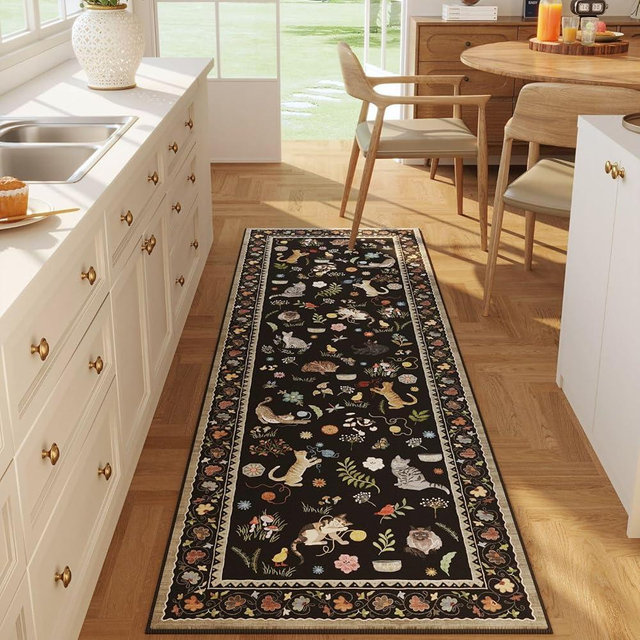 Rugcomf Runner Rug for Kitchen Non Slip 2'x6' Washable Rugs with Rubber Backing Soft Floral Animal Cat Carpet Runner for Kitchen Laundry Bedroom Bathroom, Black