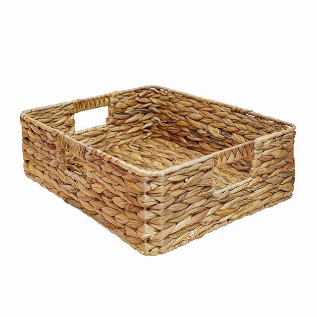 Rectangular Water Hyacinth Storage Baskets, Wicker Storage Baskets for Shelves, Square Shallow Basket, Woven Drawer Basket With Handle, 15.2” L x 12” W x 4.7” H