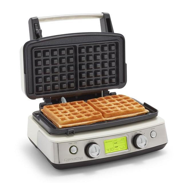 GreenPan Elite 2-Square Belgian & Classic Waffle Iron, Healthy Ceramic Nonstick Aluminum Dishwasher Safe Plates, Adjustable Shade/Crunch Control, Wont Overflow, Easy Cleanup Breakfast, PFAS-Free,White