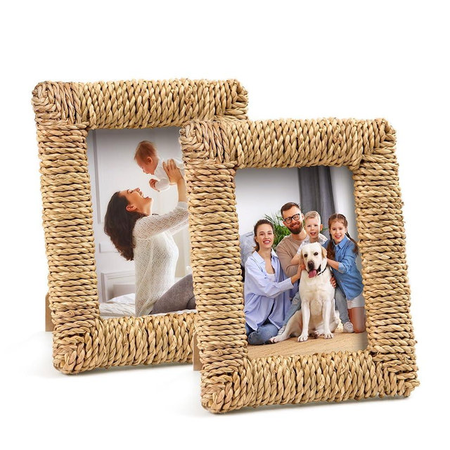 COZFUR 2 Pcs Rattan Picture Frame, 4x6 Boho Photo Frame Handmade Farmhouse Wicker Picture Frame Set for Wall and Tabletop Display (Natural, 4X6+4X6)