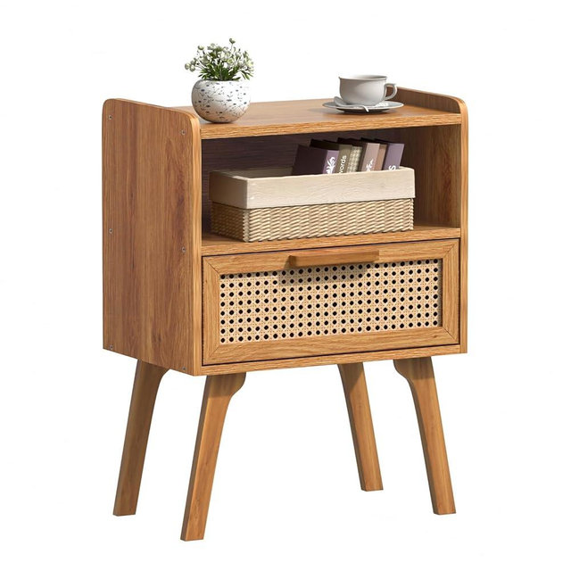 Lerliuo Rattan Nightstand, Side Table with Drawer Open Shelf, Cane Accent Bedside End Table with Solid Wood Legs, Mid Century Modern Night Stand for Bedroom, Dorm and Small Spaces (Tea Brown)