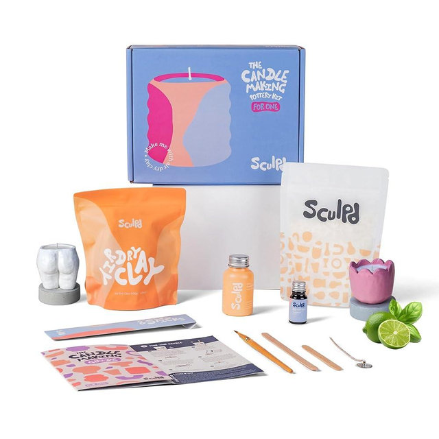 Sculpd Candle Making Pottery Kit for Adults with Air Dry Clay and Acrylic Paint Set, Non-Toxic Eco Soy Wax, Scented Fragrance Oil, Candle Glaze, Tools & Guide, 1 Candle, Basil Citrus