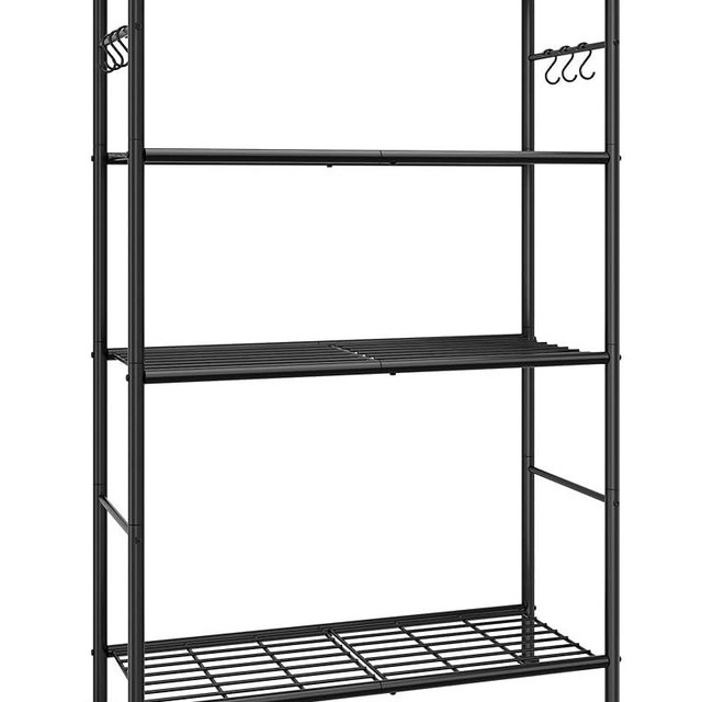 Sakugi Storage Shelves - 4-Tier Spacious Shelf Organizer with Hooks & Leveling Feet, Easy to Assemble, Rust-Resistant Garage Shelving for Kitchen, Pantry, Bedroom, 33.2" x 12.7" x 57.3", Black