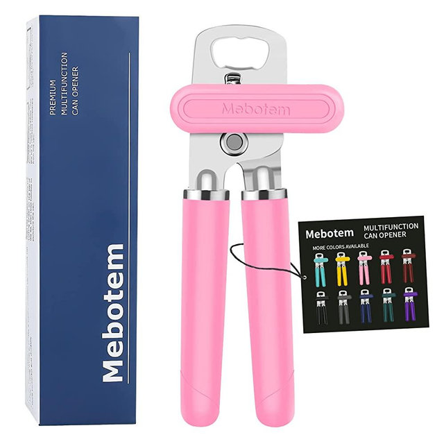 Mebotem Can Opener Manual Handheld Heavy Duty Hand Can Opener Smooth Edge Comfortable Grip Safety Can Openers, Oversized Easy Turn Knob, Sharp Cutting Wheel, Built in Bottle Opener, Pink