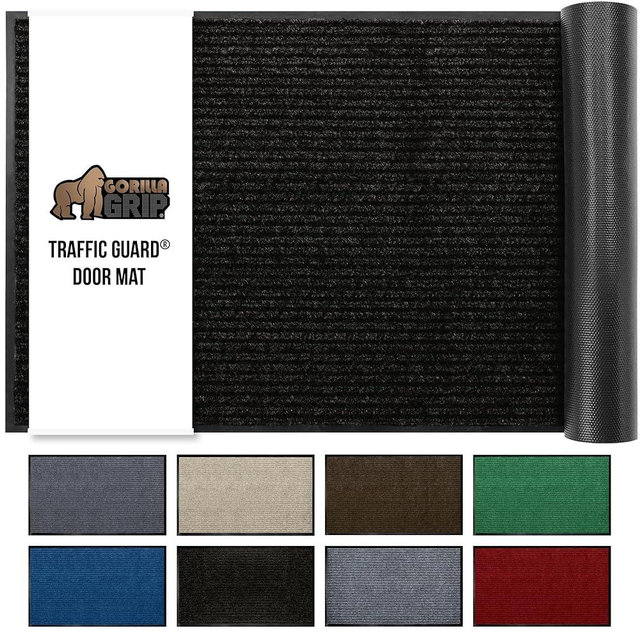 GORILLA GRIP Waterproof Traffic Guard Door Mat, 47x35, Heavy Duty Entryway Mats, Strong Rubber Back Commercial Utility Rugs for Office Hallway, Garage Floor and Home, Low Profile Carpet Runner, Black
