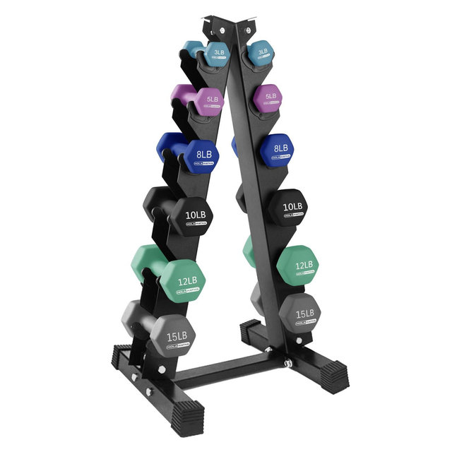 HolaHatha 3, 5, 8, 10, 12, and 15 Pound Neoprene Coated Grip Hexagon Dumbbell Weight Set and Storage Rack Stand for Various Strength Training Workouts