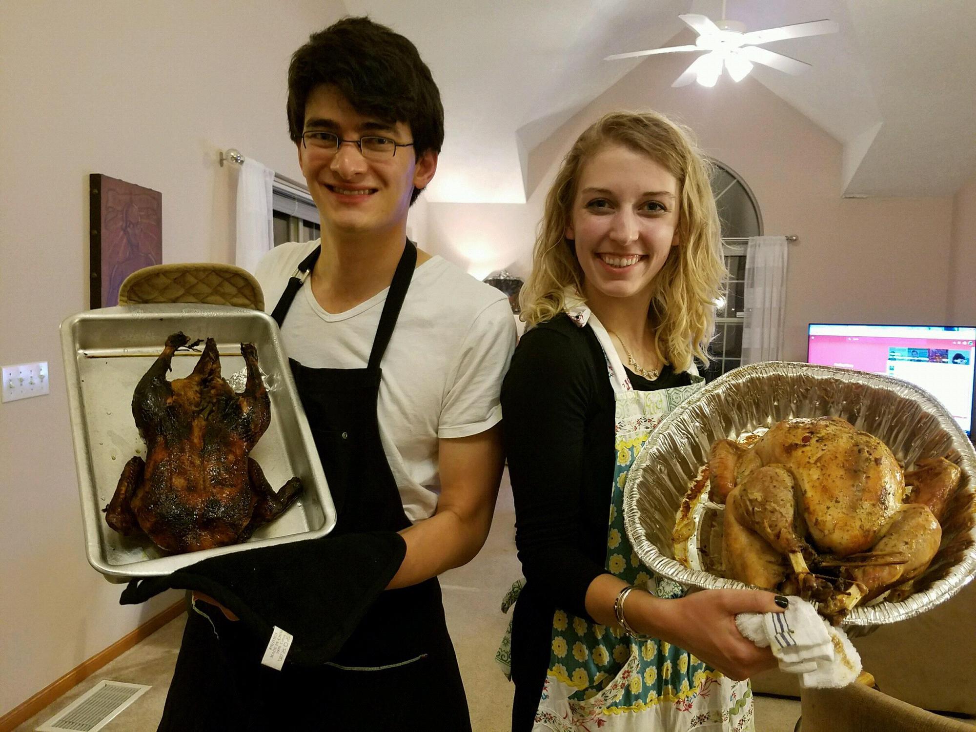 Our first Thanksgiving living together - duck vs. turkey (contrary to appearance, the duck was better)