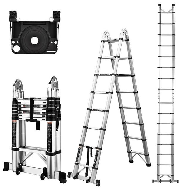 HBTower 16.5 Ft Telescoping Ladder, A Frame Extension Ladder, Portable Collapsible RV Ladder with Wheels, Stabilizer Bar and Tool Tray, Aluminum Telescopic Ladder for Homework 330lb Capacity