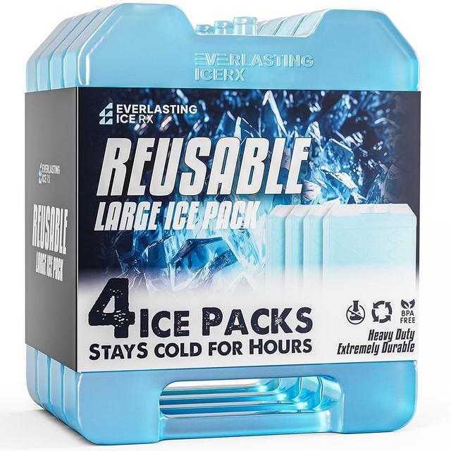 Everlasting Ice RX Large Reusable Ice Packs for Cooler with Handle (4 Pack) Long Lasting Coolness, BPA Free, Freezer Packs for Extended Cooling | Cooler Ice Packs for Camping, Fishing, Hiking, Beach