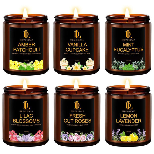 6 Pack Candles for Home Scented, Scented Candles Gifts Set for Women Men, 42 oz Soy Candle Set, Scents of Fresh Cut Roses/Lemon Lavender/Vanilla Cupcake/Amber Patchouli/Lilac Blossoms/Mint Eucalyptus
