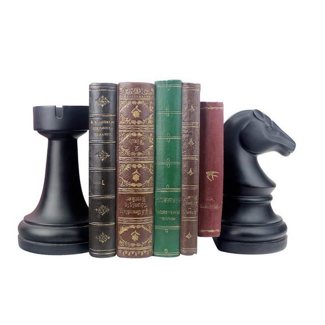 Decorative Bookends, Unique Book Ends - Supports for Heavy Books, Home Decor Suitable for Office, Home, 7(L) x4(W) x7(H) inch, Black,1Pair/2Piece (Chess bookend)