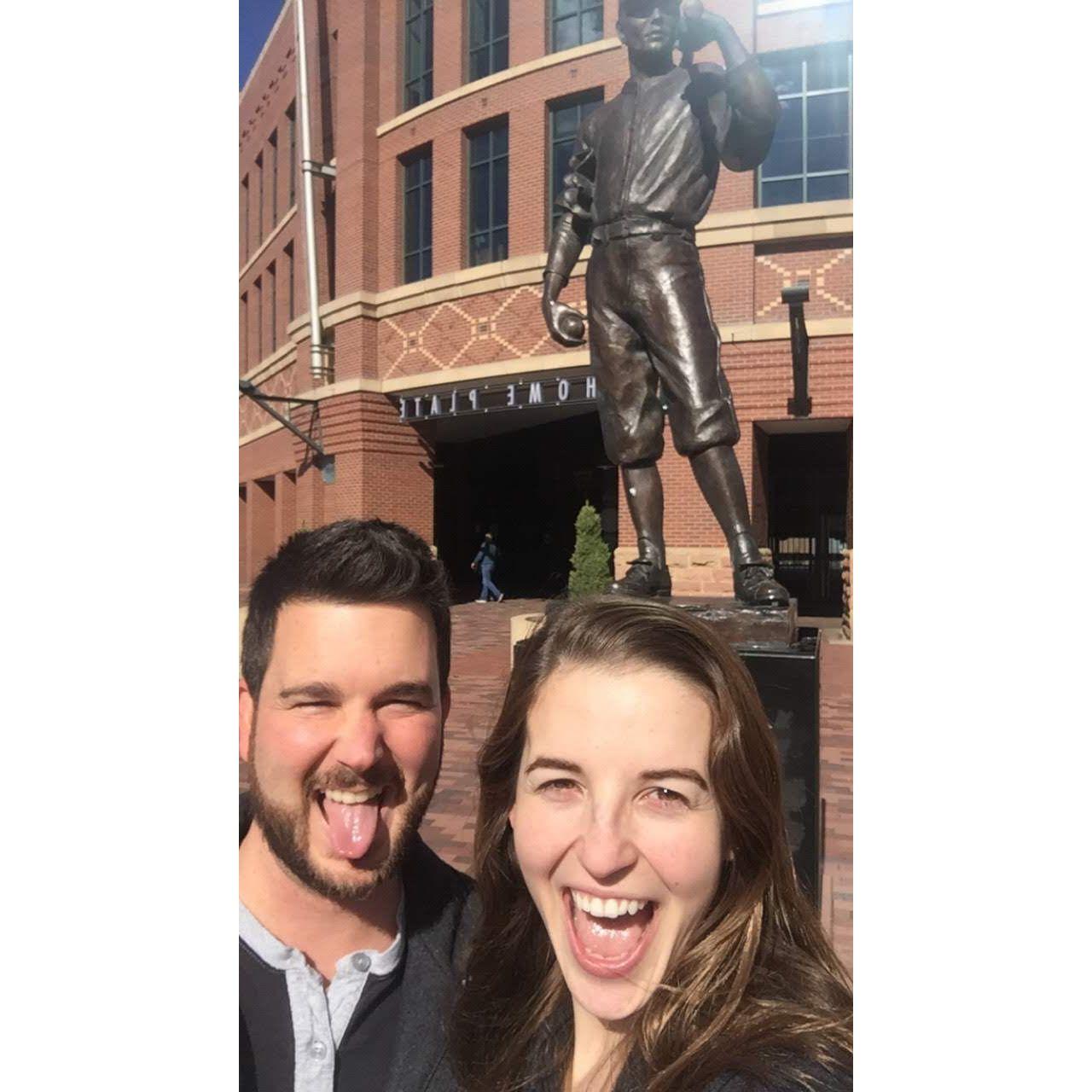 November 2018 - The second photo we ever took together! Taken outside Coors Field in Denver for our very first "meet in the middle" trip!