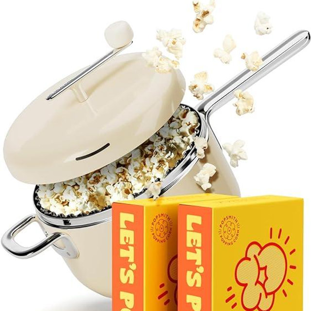 Popsmith Starter Bundle in Cream - 6 Quart Stovetop Popcorn Machine with 10 Movie Theater Buttery Popcorn Kits - Stainless Steel Popcorn Maker Compatible with All Stovetops