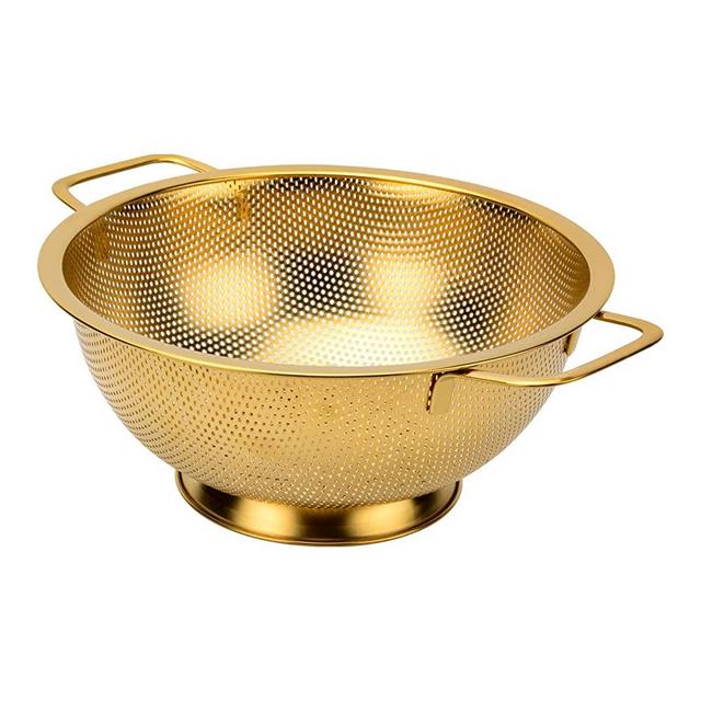 Snailhouse Colander, 5 Quart Stainless Steel Pasta Rice Food Metal Strainer with Handles and Self-draining Base for Kitchen, Gold
