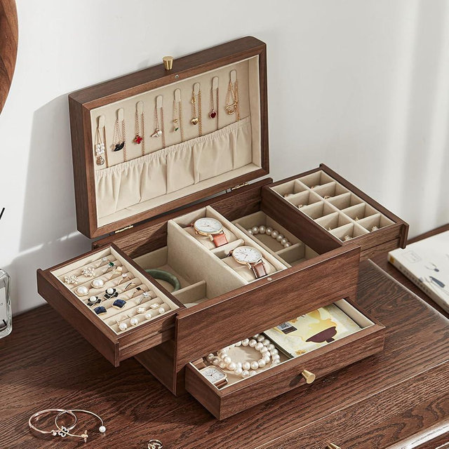 Homruilink Wooden Jewelry Box for Women, 3 Level Multi-functional Drawers Black Walnut Jewelry Organizer Box, Watch, Necklace, Ring, Earring Storage - Gifts (No Mirror)