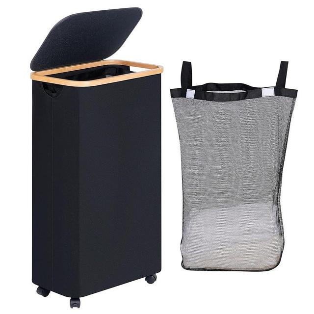efluky Slim Laundry Basket with Wheels, Rolling Laundry Basket with Lid and Removable Bag, Narrow Dirty Clothes Basket with Wheels for Laundry Room, Bedroom & Bathroom, 75L (19.8 Gallon) Black