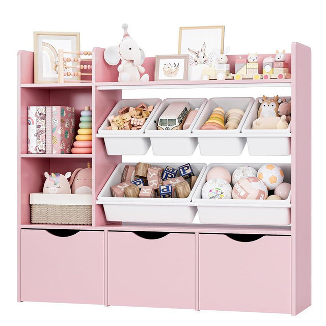 FACBOTALL Toy Storage Organizer with 3 Movable Drawers, Bookshelf and Bookcase with 6 Plastic Bins & 2 Storage Cubbies, Toy Chest with Hidden Wheels, Toy Storage Box for Playroom, School, Pink