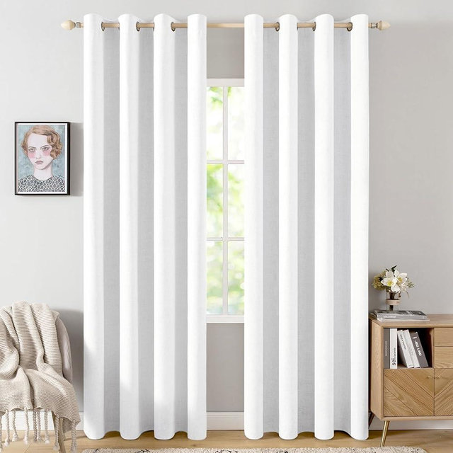 MIULEE 100% Blackout Linen Textured Curtains for Bedroom Solid Thermal Insulated Bright White Grommet Room Darkening Curtains & Drapes Luxury Decor for Living Room Nursery 52 x 84 Inch (2 Panels)