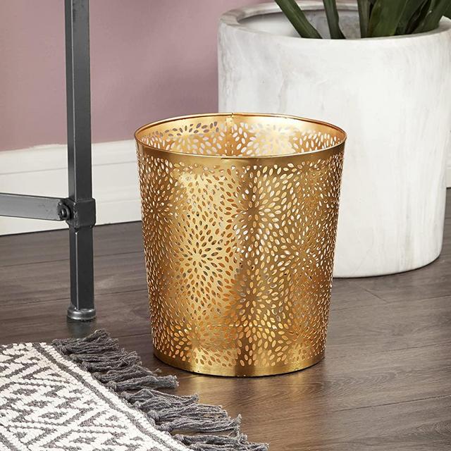 CosmoLiving by Cosmopolitan 57412 Small, Round, Glam Style Metallic Gold Pierced Metal Waste Basket with Chrysanthemum Pattern | 9” x 10”