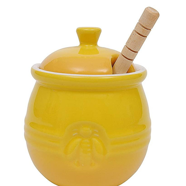 Creative Co-Op Pot with Lid & Wood Honey Dipper, 3. 5Lx3. 5Wx4. 25H inches, Yellow
